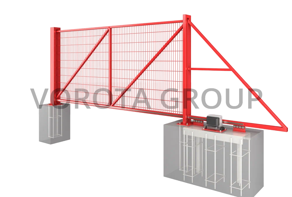 Автоматические откатные ворота Alutech из красной сетки 3300x2300